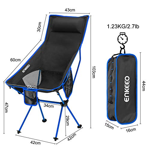 ENKEEO Camping Folding Chair Portable Lightweight Mesh Seat with 330 lbs Capacity, Built-in Pillow, 3 Pockets, Backrest and Carry Bag for Backpacking, Fishing, Hiking, Picnic, Travel and Beach - Blue