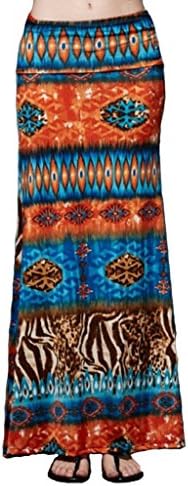 Sugar Rock Women Tie Dye Maxi Skirt Aztec Stretch Fold-Over Waist in Red Turquoise