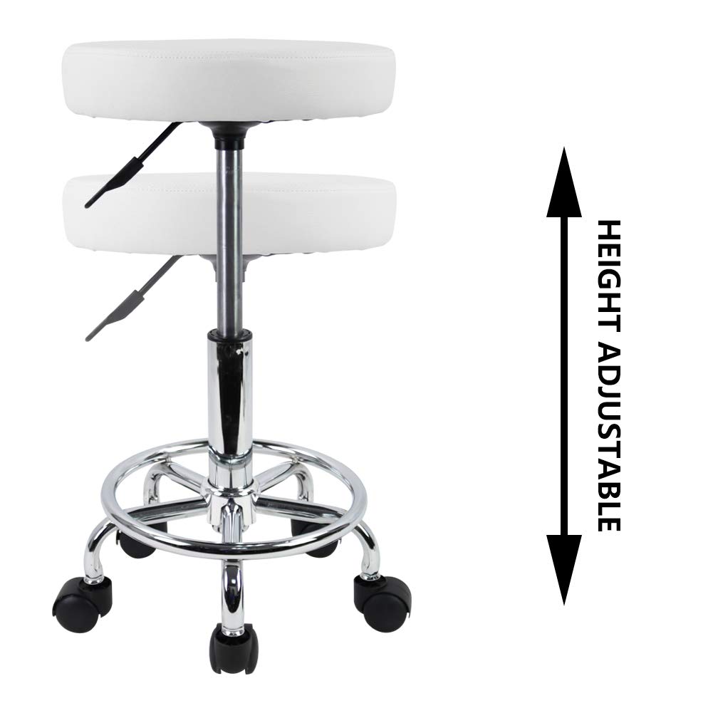 KKTONER PU Leather Round Rolling Stool with Foot Rest Swivel Height Adjustment Medical Spa Drafting Salon Tattoo Work Office Massage Stools Task Chair White Small (White): Furniture & Decor