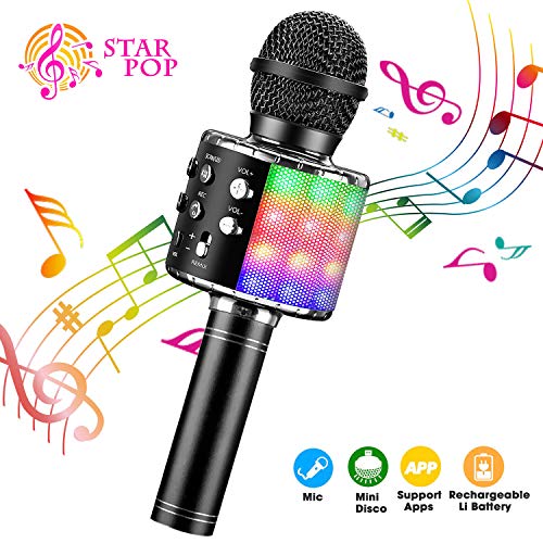 ShinePick Wireless 4 in 1 Bluetooth Karaoke Microphone, Handheld Portable Speaker Machine, Home KTV Player with Record Function, Compatible with Android & iOS Devices(Black)