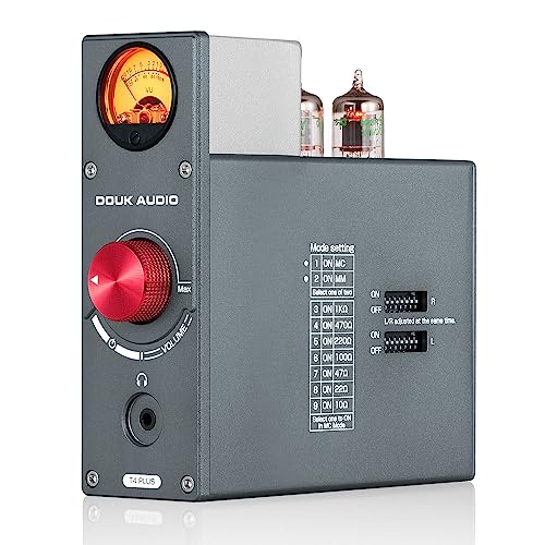 Douk Audio T4 PLUS HiFi JAN5654 Preamplificatore per valvole MM/MC Phono Preamplificatore per giradischi Mini Stereo Preamp Cuffie Amp w/VU Meter (Phono-Preamp)