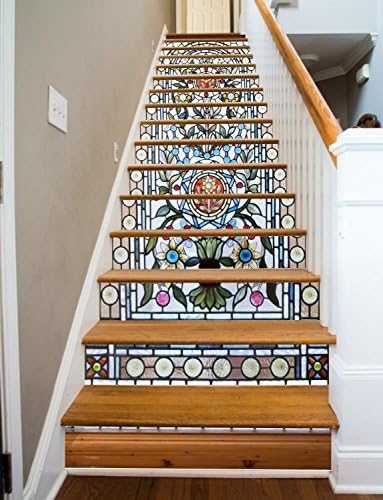 Stained Glass Flowers RiserArt 46" x 14 Painted Stairway Decoration Adhesive Vinyl Stair Riser Panels Easy To Install and Removable