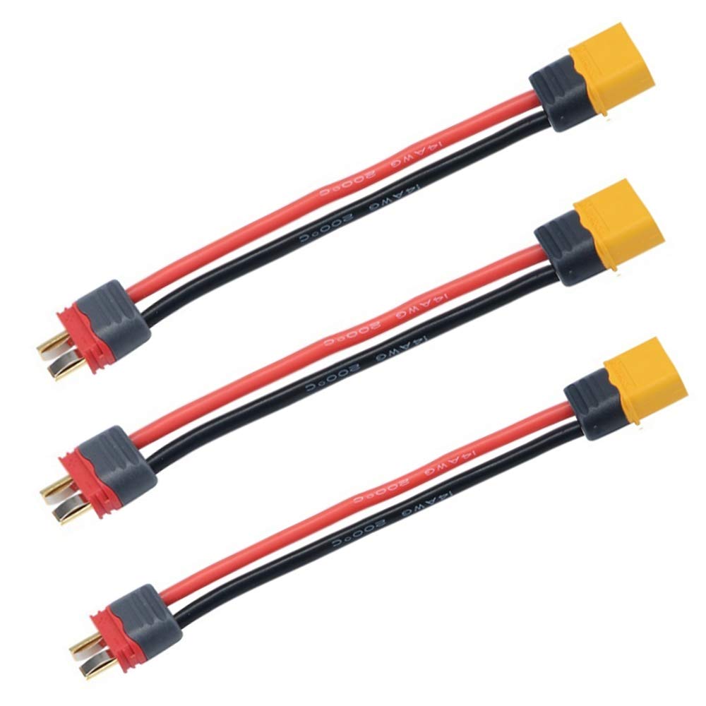 3 Pcs Amass XT60 XT60H Male Plug Connector to Deans T Male Plug Connector Adapter with 14AWG Silicone Wire