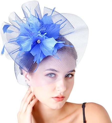 Feather Cocktail Tea Party Fascinator Headband Sinamay Derby Hat for Women (Royal)
