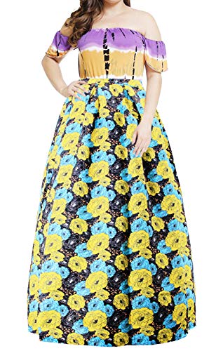 Novia's Choice Women African Floral Print Pleated High Waist Maxi Casual A-Line Skirt(Yellow&Blue Flower XXL) - Thumbnail 3