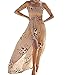 SVALIY Women Floral Off The Shoulder Split Chiffon Maxi Beach Dress Wedding Party (Khaki,Small)