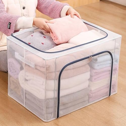 Caixa Organizadora Impermeavel Premium Organizador de Roupas Cobertas Edredons com Ziper Duplo 24, 66 e 100 Litros, Dobravel Empilhavel Estrutura Reforcada Transparente Closet Guarda Roupas 100 Litros