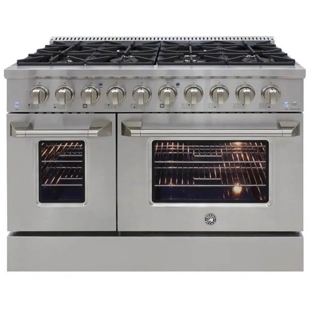 BRAMA Gas Range with 8 Burner Cooktop, 48-Inch with Double Oven Porcelain Convection Oven and Broil Function, 8 Sealed Burners Continuous Grates with Stainless Steel Construction, 6.7 Cu.Ft., Metallic