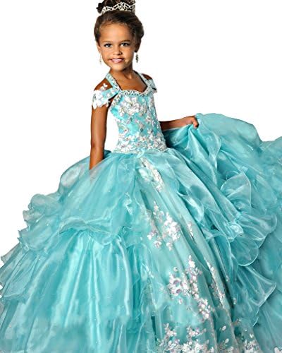 Girls Long Ruffled Ball Gowns Beading Girls Pageant Dresses