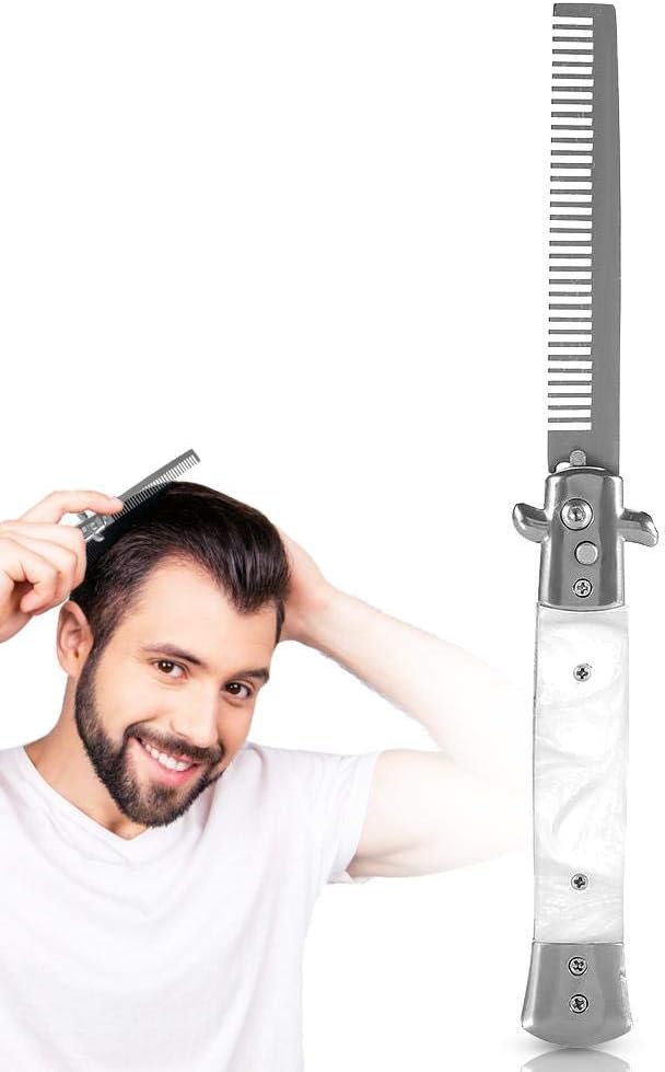 Folding Pocket Comb, Spring Folding Push Button Pocket Comb for Hairdressing Salon, Beard Care and Hair (White)