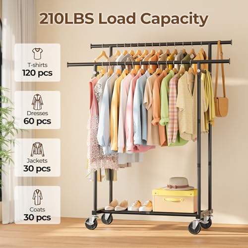 HYSEYY Double Rod Clothes Rail, Rolling Clothes Rack, Metal Clothing Rail with Lockable Wheels & Storage Shelf, Clothing Rack for bedroom, Laundry, Living Room - 160H x 113W x 42D cm, Black
