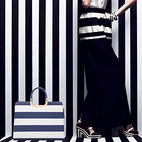 Dasein Designer Purse Stripes Satchel Handbag PU Leather Purse Top Handle Handbags (XL2828 stripe 2PCs- Black/White)