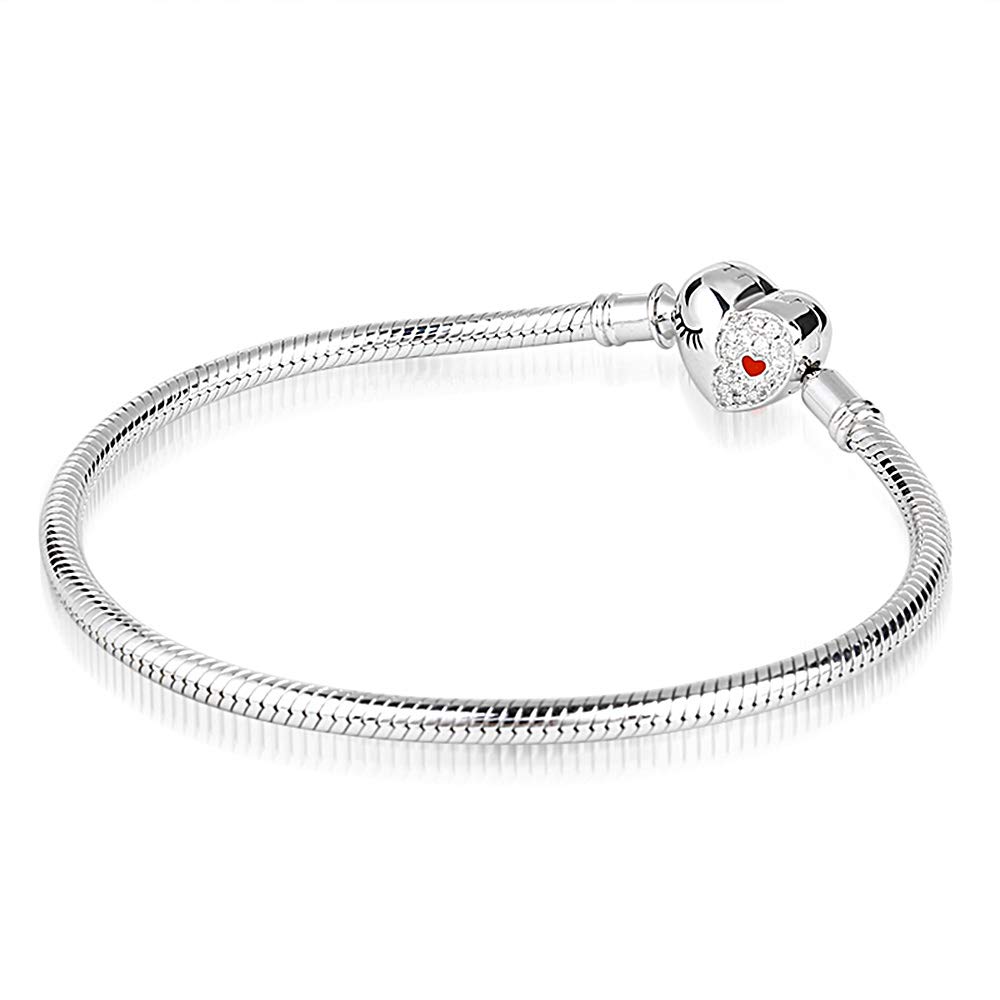 GNOCE Sterling Silver Bracelet "Love Your Smile" Basic Charm Bracelet with Heart shaped Lock Clasp Snake Chain Jewellery Gift for Women Mens (19)