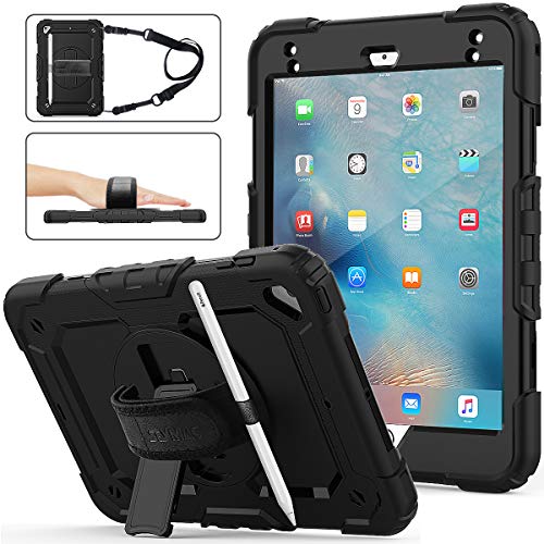 SEYMAC stock iPad Mini 5/4 Case, Three Layer Hybrid Drop Protection Case with [360 Rotating Stand] Hand Strap&[Stylus Pencil Holder] Screen Protector for iPad Mini 4th/5th Generation 7.9 inch (Black)