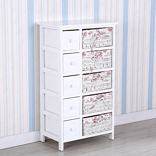 mecor Kommode Sideboard Korb Regal weiß mit 5 Schubladen & 5 Rattankörben