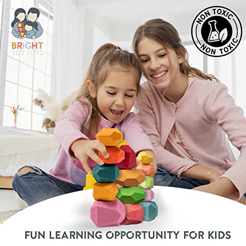 36 Wooden Balancing Stacking Stone Rocks, Colorful Lightweight Montessori Wooden Building Blocks