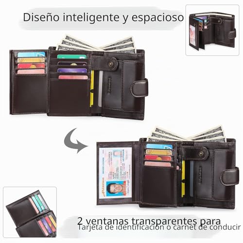 SENDEFN Men's Leather Wallet, RFID Blocking Wallet, Men's Vertical Wallet with 19 Card Slots, 3 Bill Slots, 1 Coin Pocket with Button