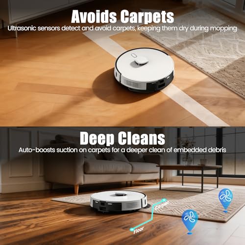 FIXR T30+ Self Emptying Robot Vacuum & Mop Combo with 12,000Pa, Robotic Vacuums Cleaner for Pet Hair, No-Collision Obstacle Avoidance, 75-Day Capacity, Carpet Detection, Anti-Tangle, 240-Min Runtime