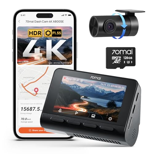 70mai A800SE Dashcam Auto Vorne Hinten 4K HDR 2160P+1080P mit 128GB SD Karte, Dual Autokamera 3" IPS, F1.55 Blende Nachtsicht, 210Sek.Puffer Notfall-V