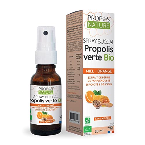 Spray Propolis Verte Bio - Extrait de Pépins de Pamplemousse, Miel et Orange - Sans Alcool - 20 ml - Propos'Nature - 100% naturel - Certifié BIO