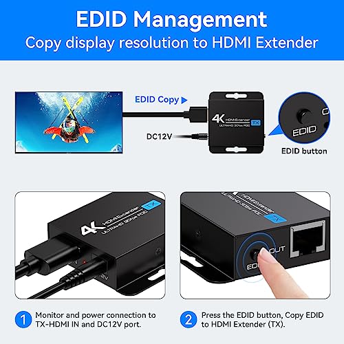 VEDINDUST HDMI Extender 4K30HZ 40M 131FT Ethernet Over Cat5e6 7 Auf RJ45 Support 4k1080P 3D POC EDID Only Need TX Power Supply for Work