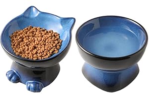 Nihow Elevated Cat/Dog Bowls Set : 6.2 Inch Ceramic Raised Cat Food & Water Bowl Set for Protecting Pet's Spine - Feeding & Watering Supplies for Cat/Small Size Dog - Elegant Blue & Black (2 PC)