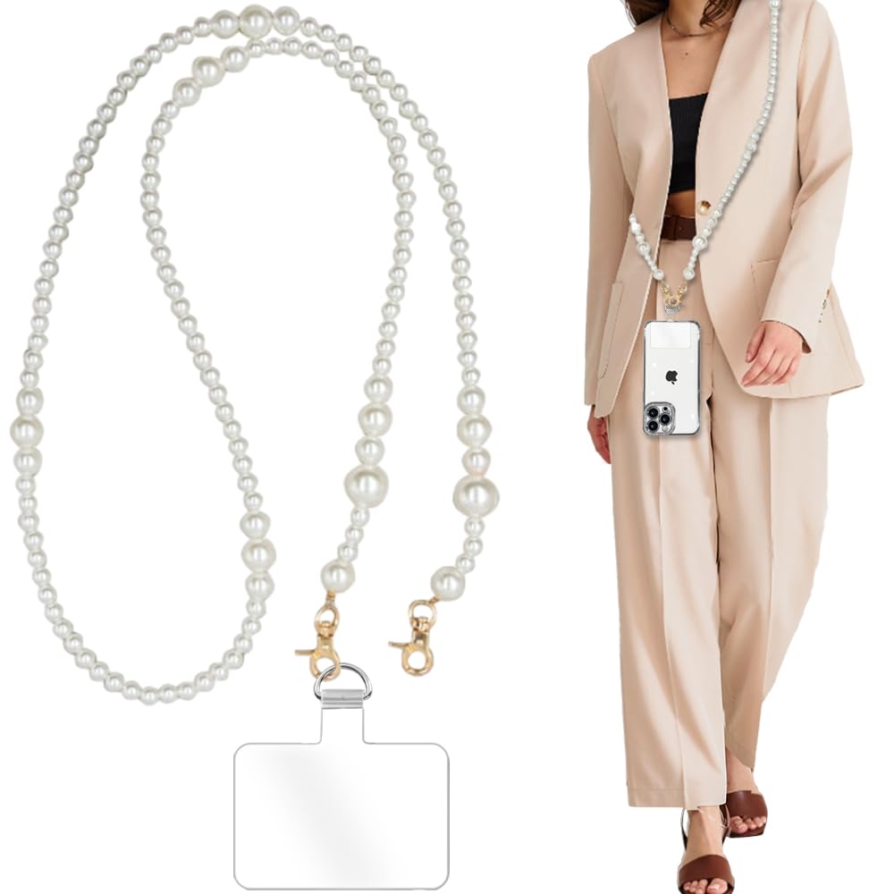 Turkalla Phone Chain Crossbody Pearl Strap, Pearl Beaded Chain Shoulder Crossbody Lanyard with Phone Tether Patches Compatible with Most Phones Bag Purse (I)