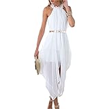 DESIGNER97 Women's Chiffon High Low Beach Wedding Evening Party Dress Folds Loose Casual Dress with Delicate Gold Belt