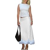Women Lace Satin Maxi Skirt Y2K Lace Trim Silk Half Slip Skirt High Waist Silk A Line Long Underskirt Going Out