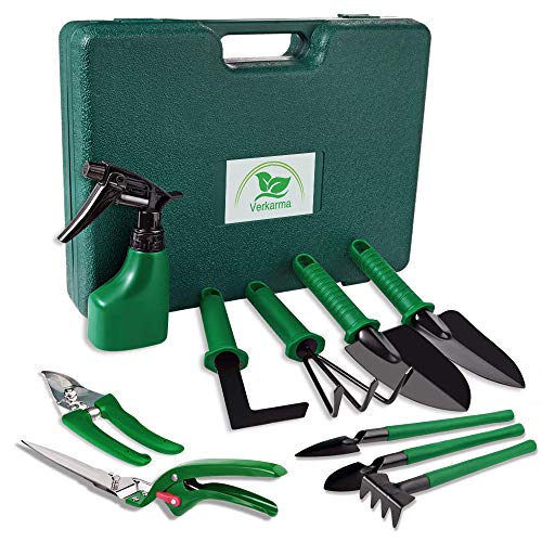 verkarma Garden Tools Set,10 Pieces Garden Tools Kit for Women Kids Children,Trowel Transplanter Pruner Weeding Fork and Three Herb Vegetable Plant Hand Tools with Carrying case