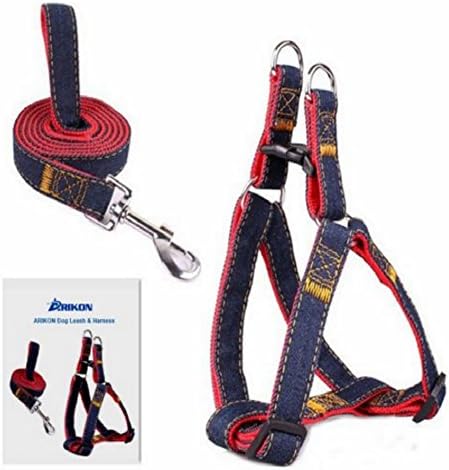 Dongtuo Red Dog Leash Harness Adjustable and Heavy Duty Denim Dog Leash Collar for Training Walking Running Rescue No-Pull Harness for Large/Medium/Small Dog