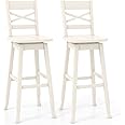 COSTWAY 30-Inch Bar Height Stool Set of 2, Rubber Wood Swivel Bar Stool with Inclined Backrest, Curved Seat & Footrest, Bar Chair for Kitchen Island & Pub (2, Cream)