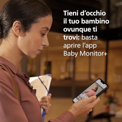 PHILIPS Baby Monitor Premium Connected Avent con app - videocamera HD 1080p, monitora sonno e respirazione con IA, traduzione pianto, certificato DEKRA per sicurezza, supporto da parete, SCD974/26