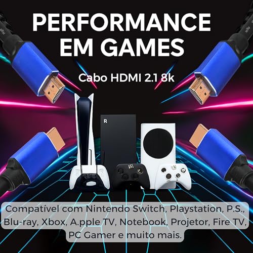 CABO HDMI 8K • 2.1 UHD • 144Hz • MTS • 3D, 48 GBPS, HDR, TV • Games em geral • Conector Banhado Ouro • 1,5 Metros • Premium