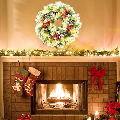 16 Inch Christmas Wreath, Lighted Christmas Wreath for Front Door with 40 Warm Lights Battery Operated, Snowflake White Christmas Wreath with Pine Cone Red Berry for Xmas Decorations Indoor Outdoor