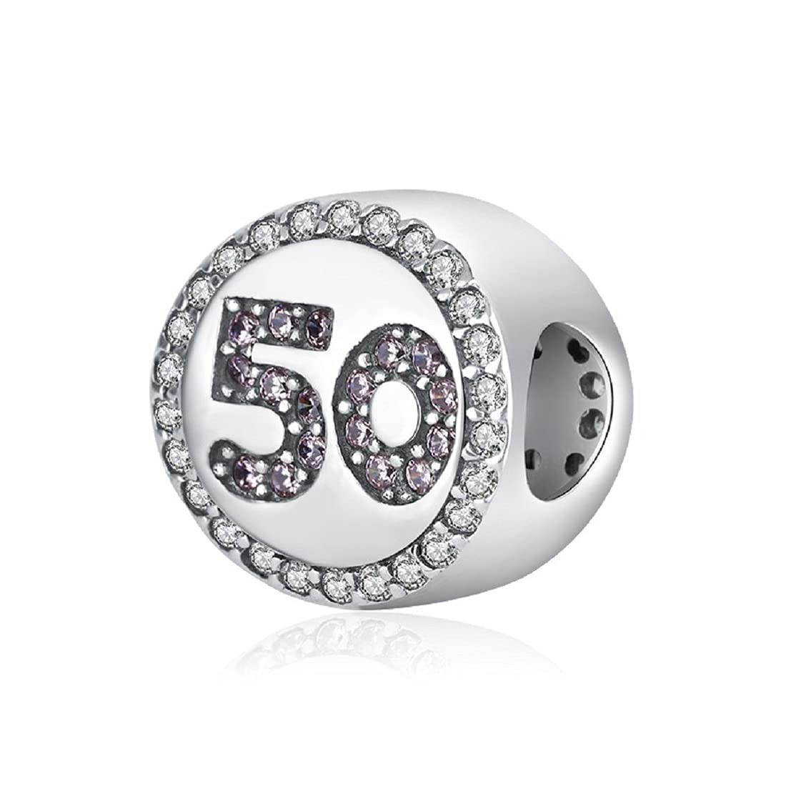 FeatherWish Celebration 50th Happy Birthday 925 Sterling Silver Round Beads Charm With Clear And Pink Cubic Zirconia Compatible With Pandora Bracelet Or Necklace 16 18 21 30 40 (50th)