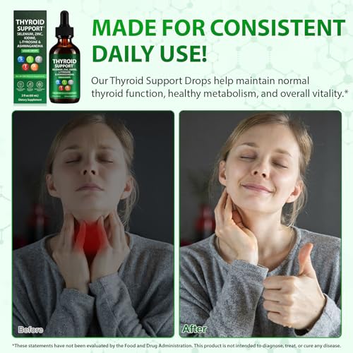 Thyroid Support Liquid Drops, High Absorption Thyroid Supplement with Iodine, Selenium, Zinc, Ashwagandha & L-Tyrosine for Cortisol & Stress Relief, Non-GMO,Vegan,2 Fl Oz