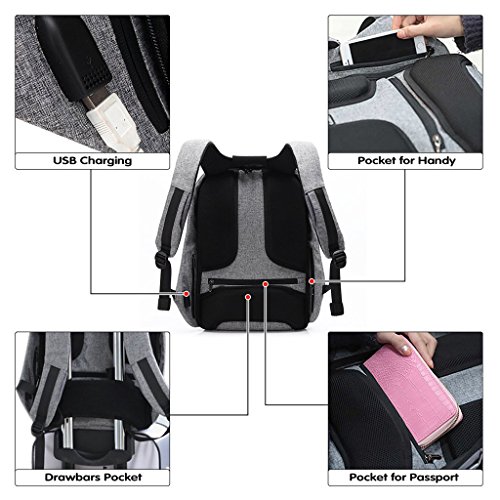 15.6 inch USB Charging Laptop Backpack, UBaymax Anti Theft Security Backpack Waterproof Lightweight Computer Notebook Bag Canvas Daypack for Men Women School Business Travel Outdoor Activities (Grey) - Thumbnail 3
