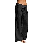 HJYUZP Linen Pants Women 2026 Wide Leg Drawstring Elastic Waist Linen Cotton Blend Pants Casual Loose Trousers with Pockets