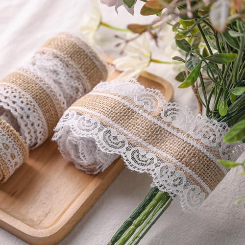 VGOODALL 4 Rollen Juteband Mit Spitze, Juteband Vintage Spitzenband Natürliche Sackleinen Hessische Juteband für Tischdeko Basteln Geschenkband DIY Handwerk