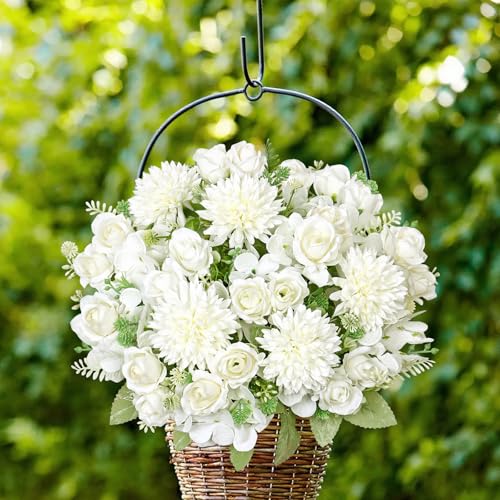 DEMIUKO 2 Bundles Artificial Flowers White Hydrangea Bouquet Spring Flowers Artificial Roses Like Real Fake Silk Flowers Decoration for Wedding Party Kitchen Table Home