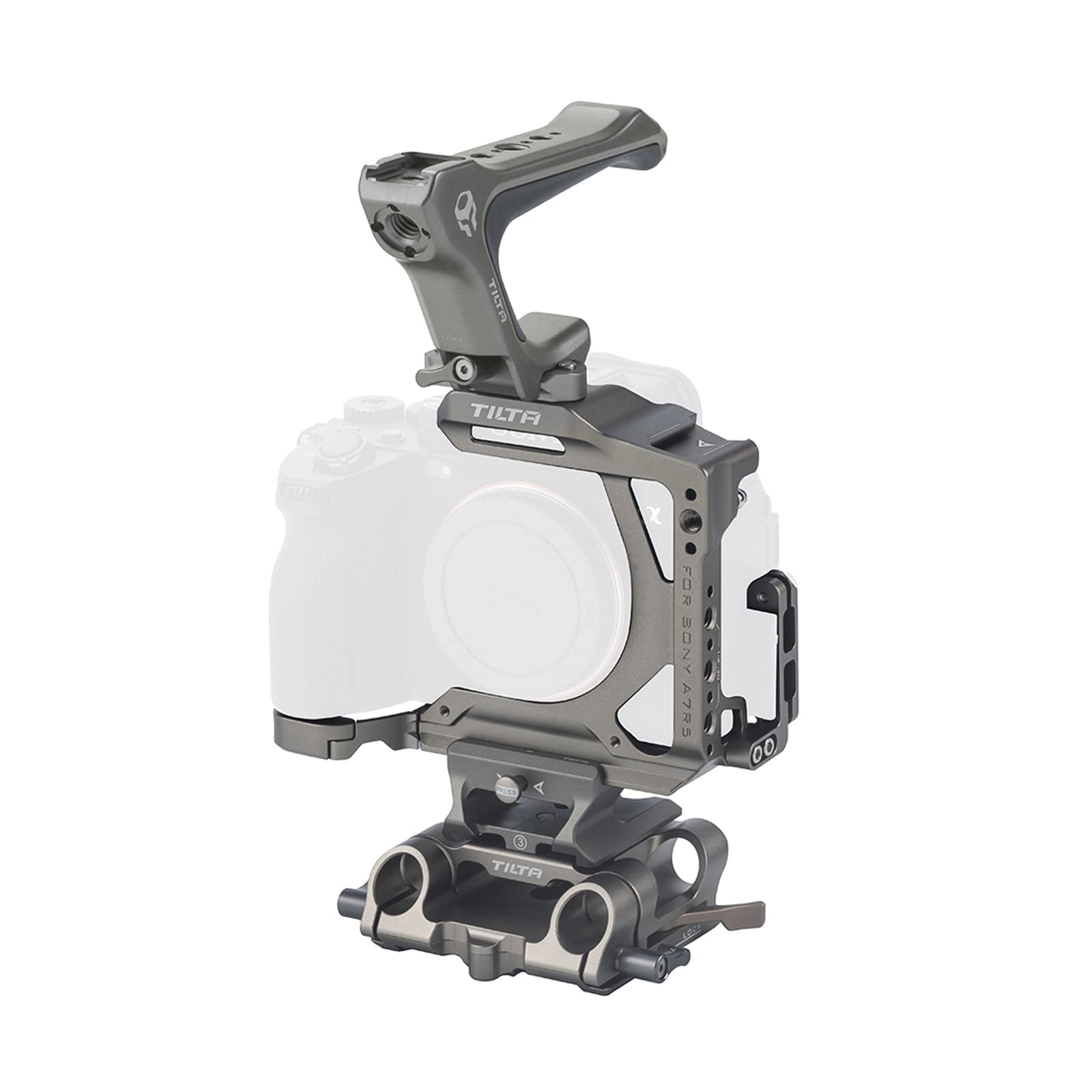 TILTA Half Camera Cage Pro Kit Compatible with Sony A7R V with Compact NATO Top Handle, LWS Baseplate Adapter Type III, 15mm LWS Baseplate and 18mm NATO Rail Attachment Grey TA-T46-B-TG