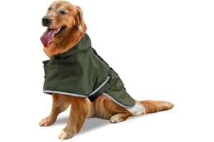 CRIDENG Water Resistant Dog Jacket Outdoor Hiking Dog Raincoats for Large Dogs Reflective Dog Poncho Compatible with Patch Dog Poop Bag Holders Dog Trackers Pocket - Size L to 4XL - Army Green- L