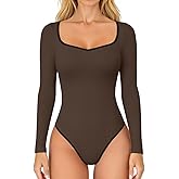 OQQ Women Bodysuit Contrast-Trim Square Neck Long Sleeve Stretch Bodysuit Tops