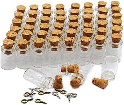 MIGK Mini Glass Bottles 0.5ml Small Vials with Cork Stoppers and Eye Screw Pins Jewelry Making Charms Message Treasure Beads Pendant (50 Pcs)