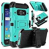 J1 (2016) Case, Luna 2016, Express 3 Case, Venoro Heavy Duty Shockproof Rugged Three-Layer Full Body Protection Case Cover with Belt Swivel Clip and Kickstand for Samsung Galaxy J1 (2016) (Blue Green)