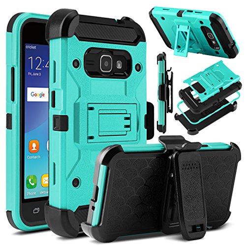 J1 (2016) Case, Luna 2016, Express 3 Case, Venoro Heavy Duty Shockproof Rugged Three-Layer Full Body Protection Case Cover with Belt Swivel Clip and Kickstand for Samsung Galaxy J1 (2016) (Blue Green)