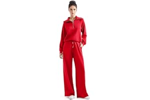 SUUKSESS Women 2 Piece Lounge Matching Set Wide Leg Sweatpant Half Zip Sweatshirt