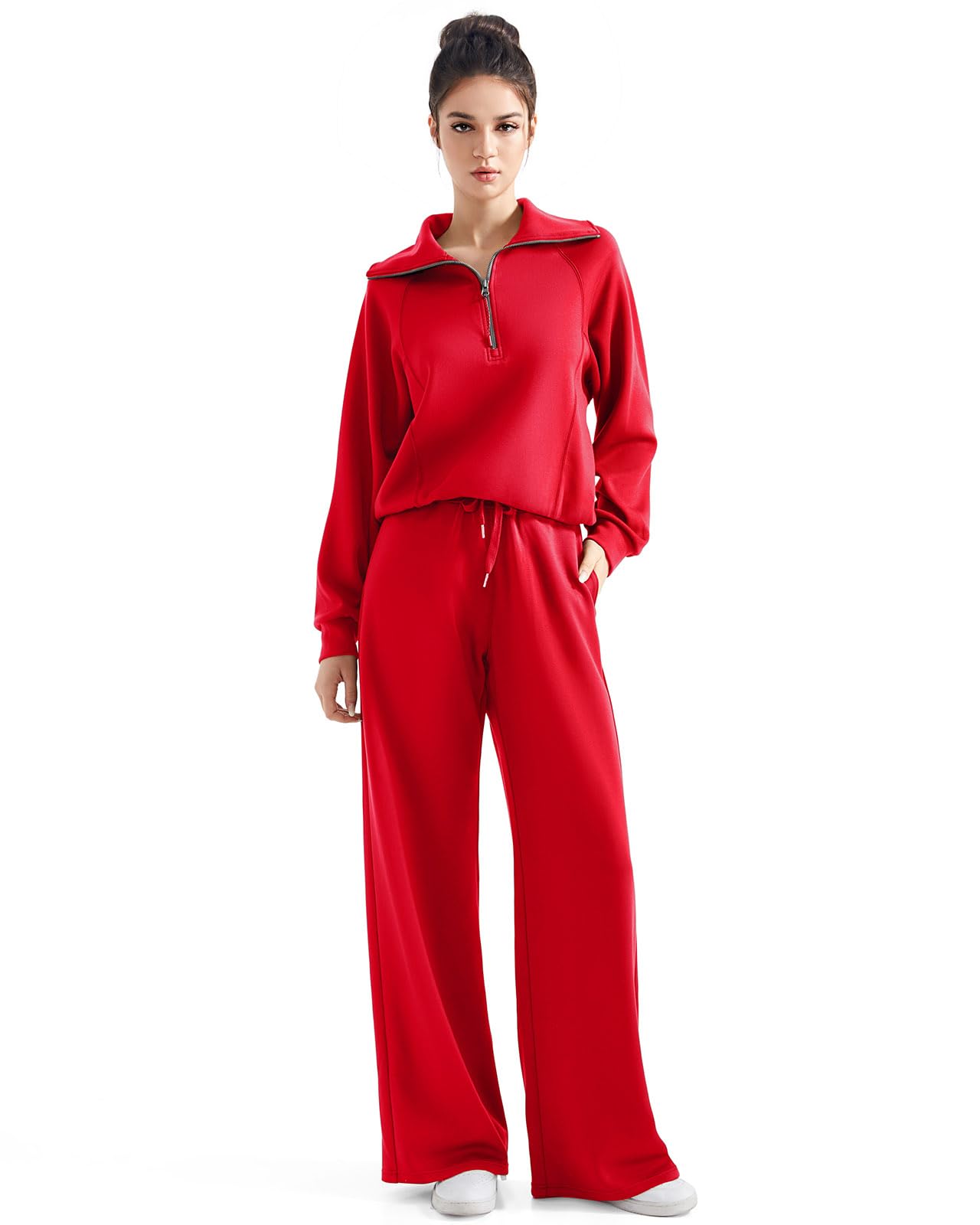 Photo 1 of *** PANTS ONLY *** SUUKSESS Women 2 Piece Lounge Matching Sets Wide Leg Sweatpants Half Zip Oversized Sweatshirts (Red, XS)