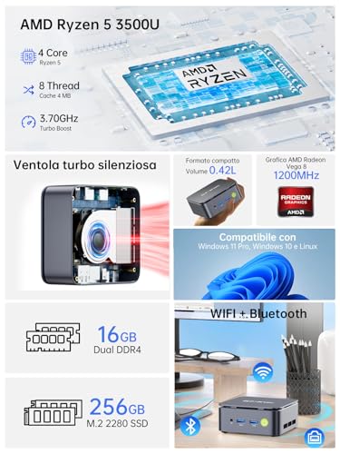 GMKtec Ryzen Mini PC - AMD Ryzen 5 3500U (4C/8T, 4.5GHz, Beats 4300U//N150/N95) | NucBox G10 | 16GB DDR4 + 256GB SSD | Win 11 Pro | WiFi 5, USB 3.2, USB-C, BT 5.0 | Mini computer for office and use